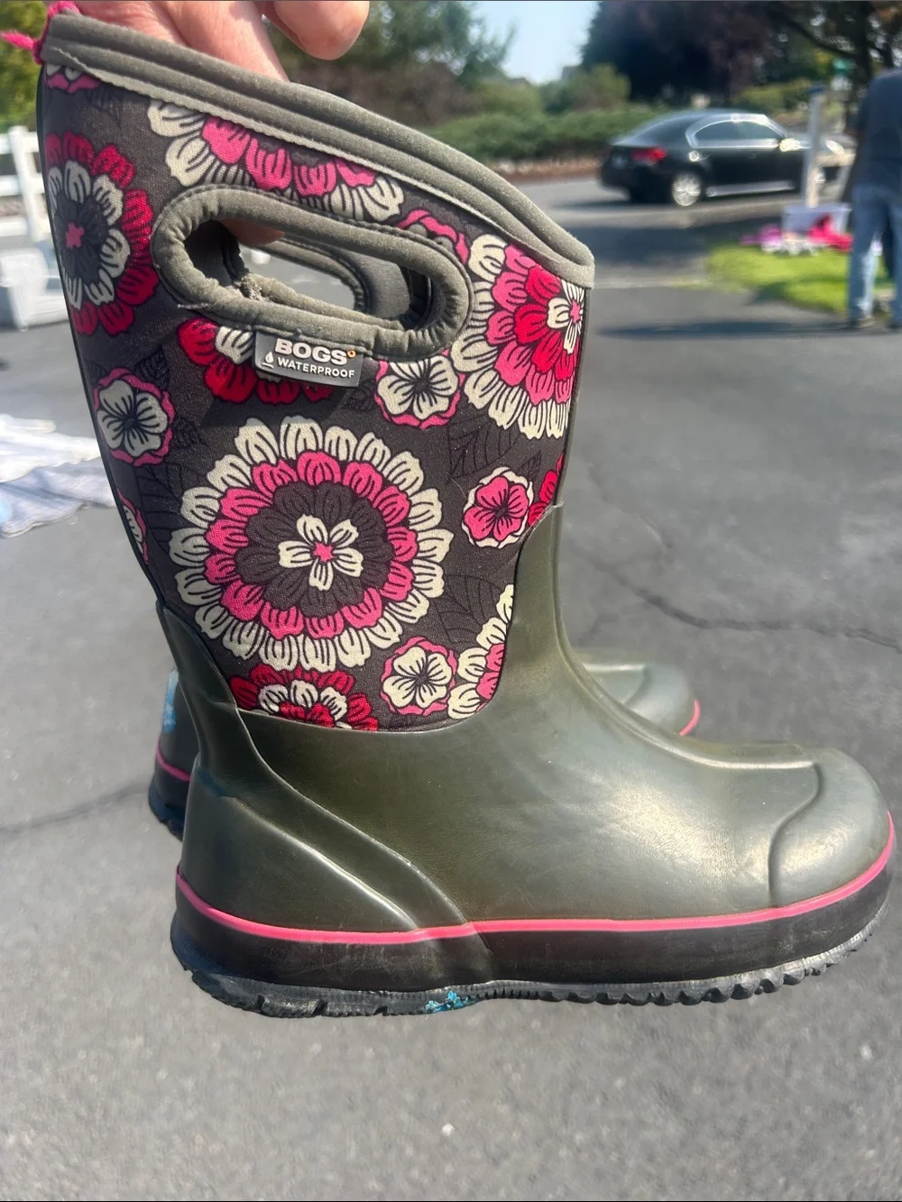 Bogs Olive Green and grey Rain Boots with Pink Floral Shaft